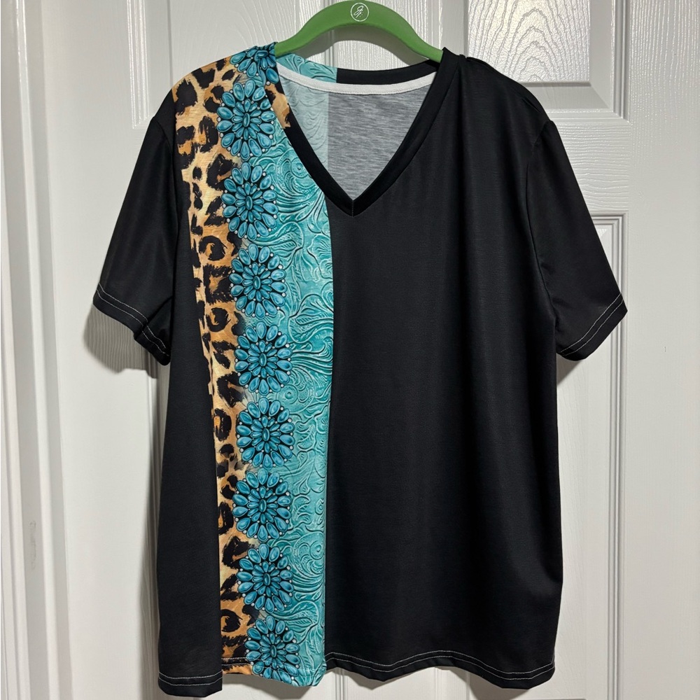 Black V-Neck Tee with Turquoise Floral & Leopard Panel